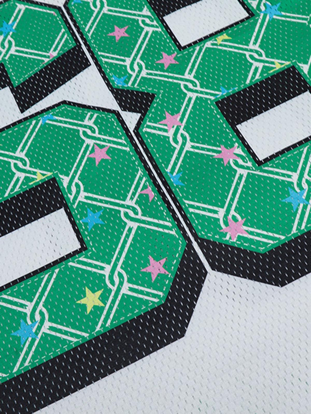 Intricate design on TALISHKO Club 68 jersey t-shirt, featuring vibrant green patterns and stars.