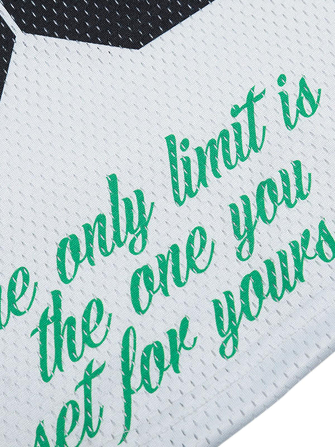 A detailed look at the TALISHKO Club 68 jersey t-shirt, showcasing bold green motivational text.