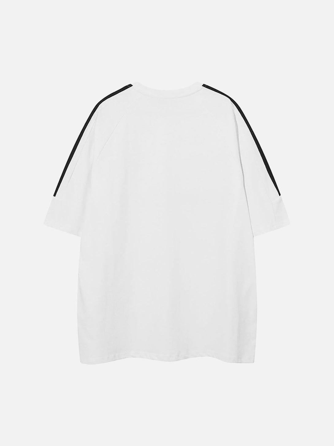 Back view of white TALISHKO heavyweight T-shirt featuring stylish black shoulder stripes.