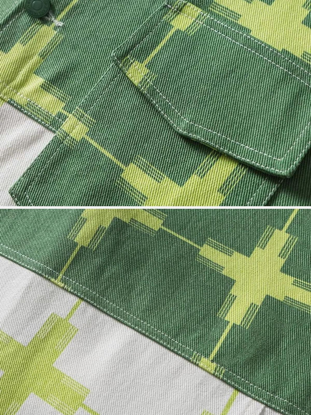Detailed fabric and stitching of TALISHKO's green patchwork denim jacket, highlighting geometric design.
