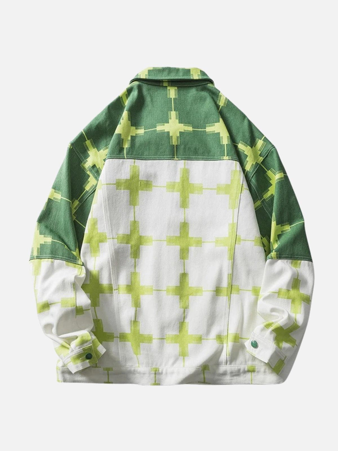 Green and white patchwork denim jacket back view by TALISHKO, showcasing unique geometric design.