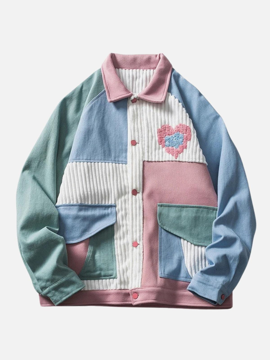 TALISHKO color block jacket in pastel hues with heart detail, perfect for casual layering.
