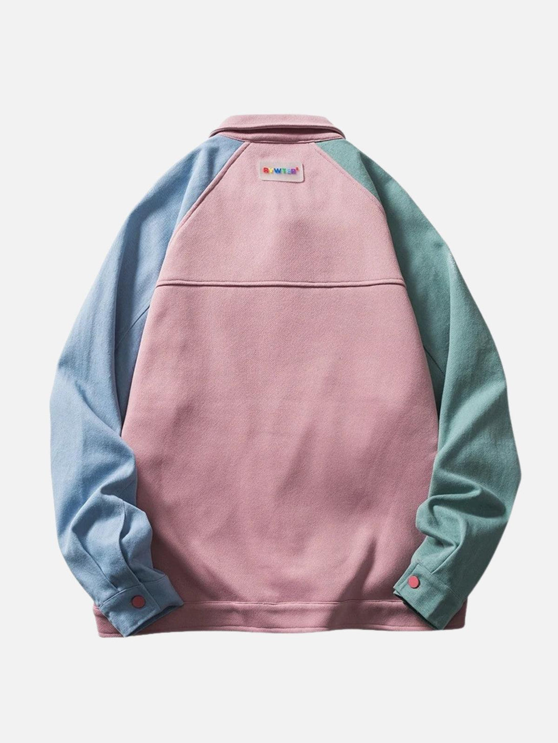 Back view of TALISHKO's color block patchwork jacket, featuring pastel shades and unique design.