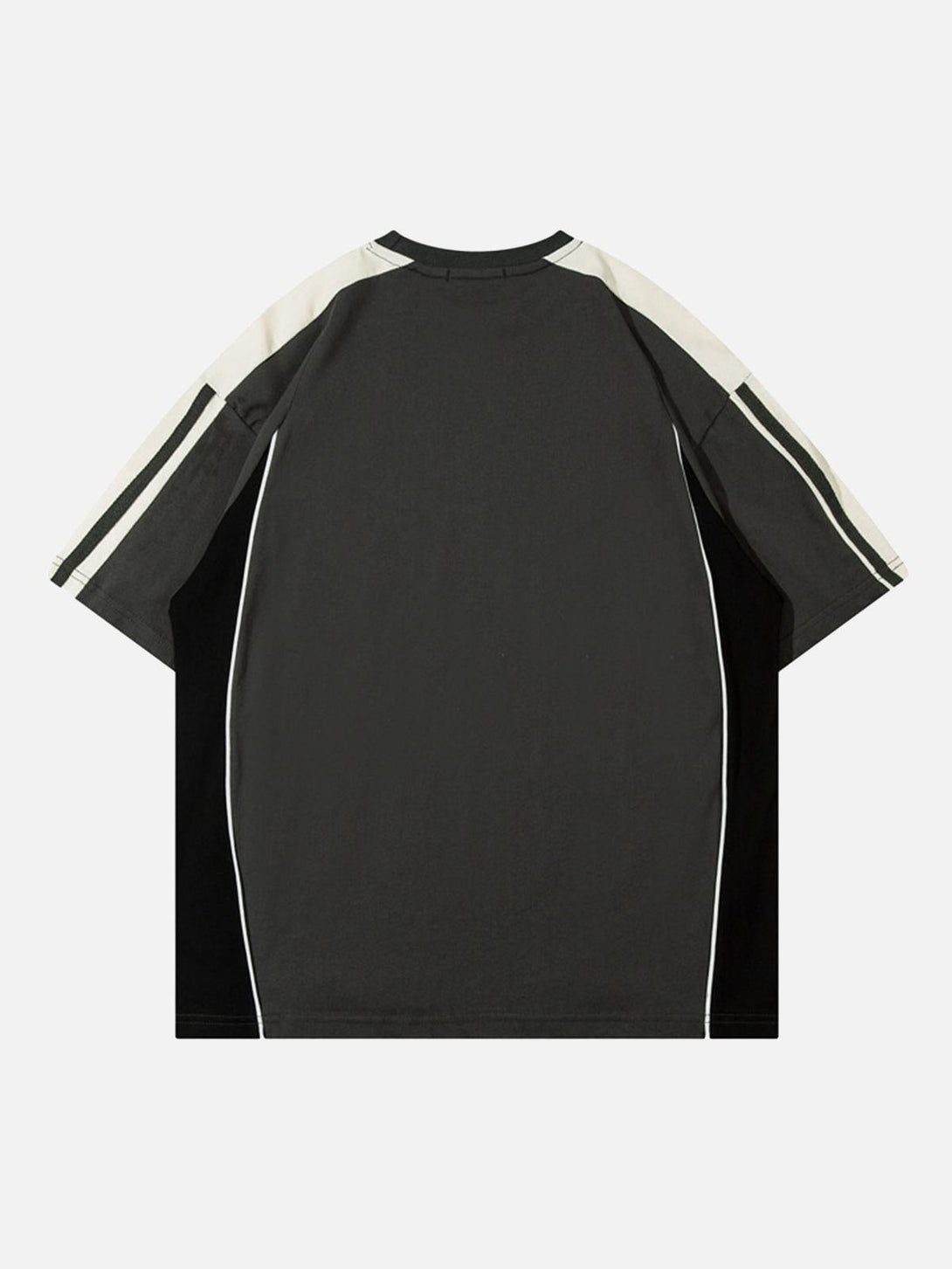 Back view of black color-blocked racing T-shirt by TALISHKO, featuring stylish stripe accents.