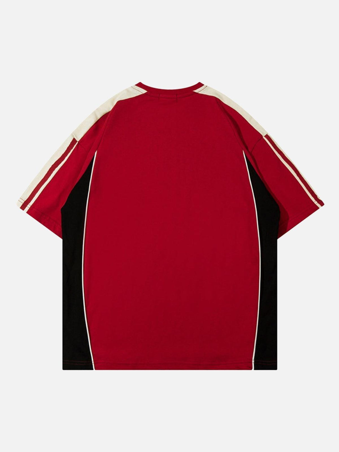 Back view of a red color-blocked racing T-shirt by TALISHKO, featuring bold stripe accents.