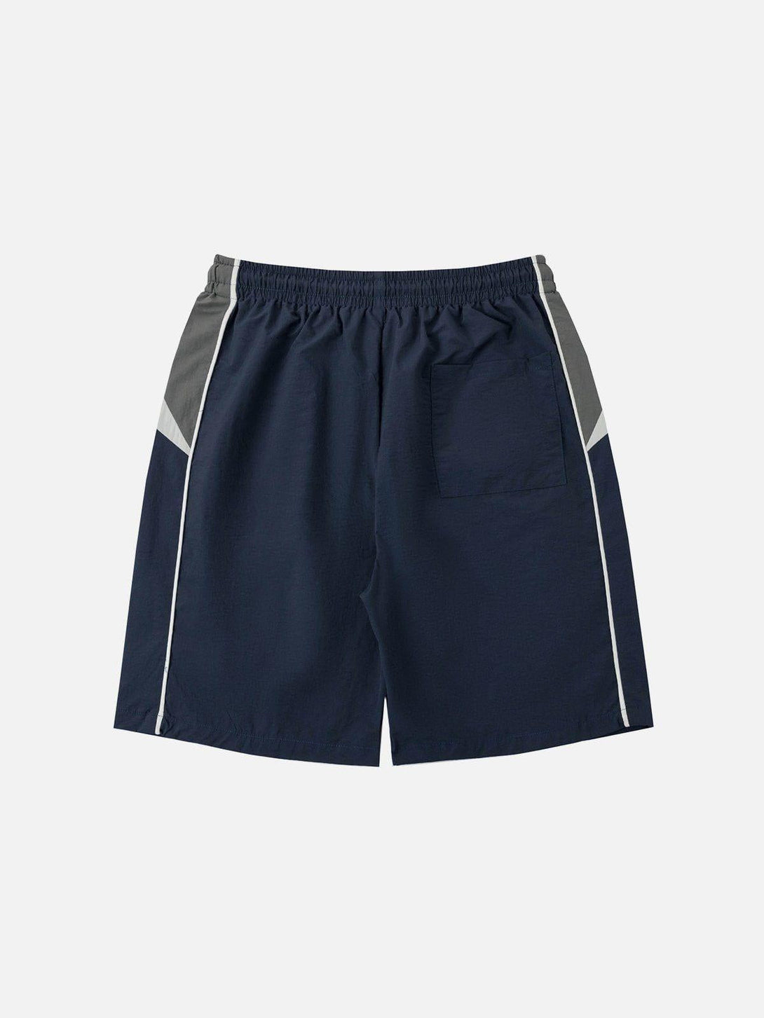 Back view of navy color-blocking athleisure shorts by TALISHKO, featuring an elastic waist.