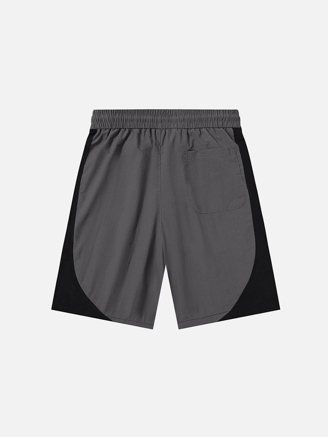 Back view of TALISHKO gray color-blocking drawstring shorts, highlighting casual summer style.