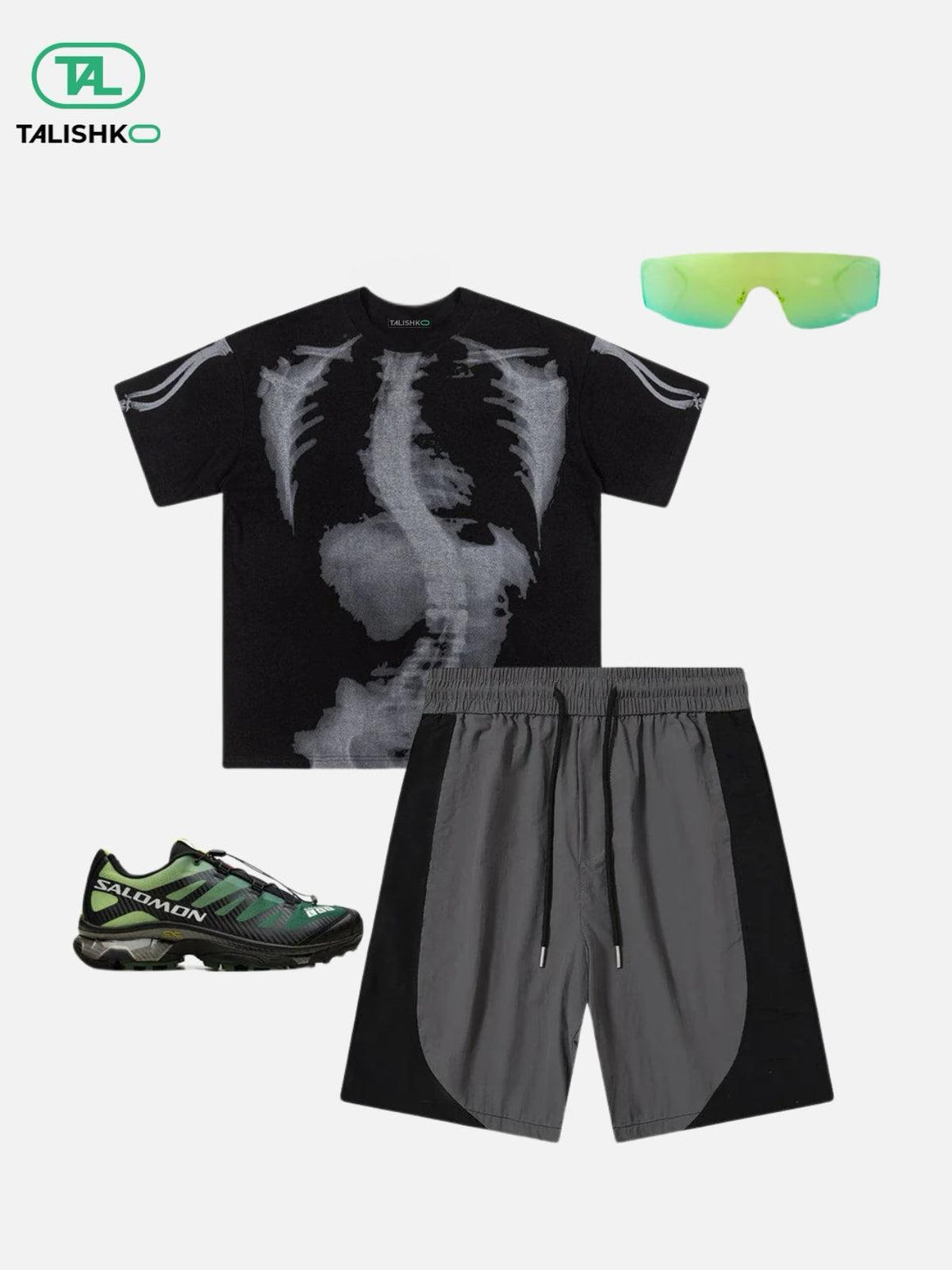 TALISHKO black graphic tee and color-blocking shorts paired with sporty sneakers and neon sunglasses.