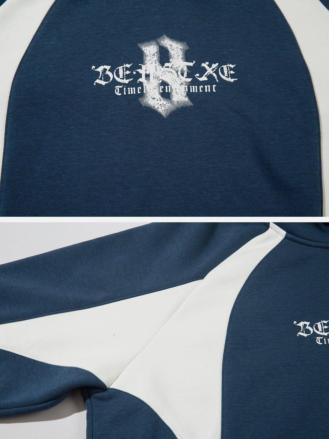 Detailed look at the gothic lettering and color block design on TALISHKO's hoodie.