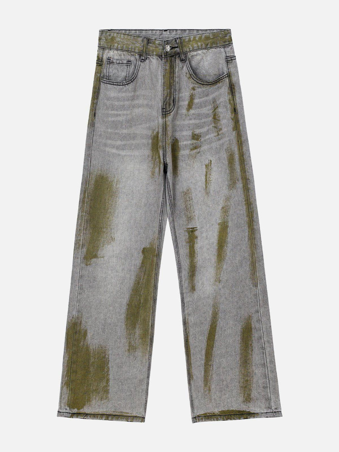 Front view of TALISHKO's color-blocking loose jeans in gray, highlighting bold street style.