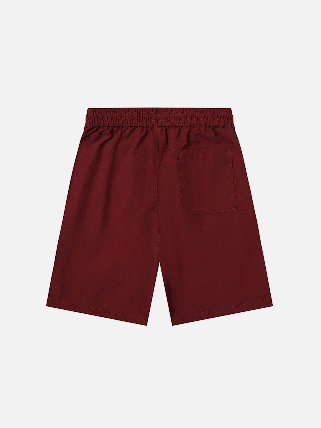 Back view of TALISHKO burgundy shorts featuring an elastic waistband and a single back pocket.