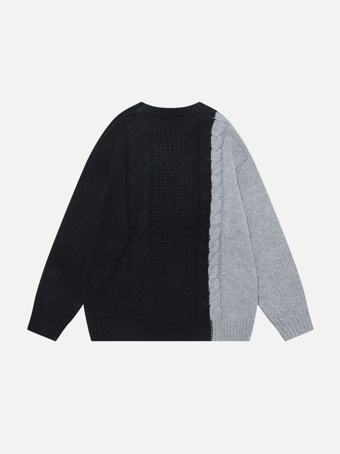Back view of a TALISHKO sweater showcasing black and gray color-blocking and cable knit design.
