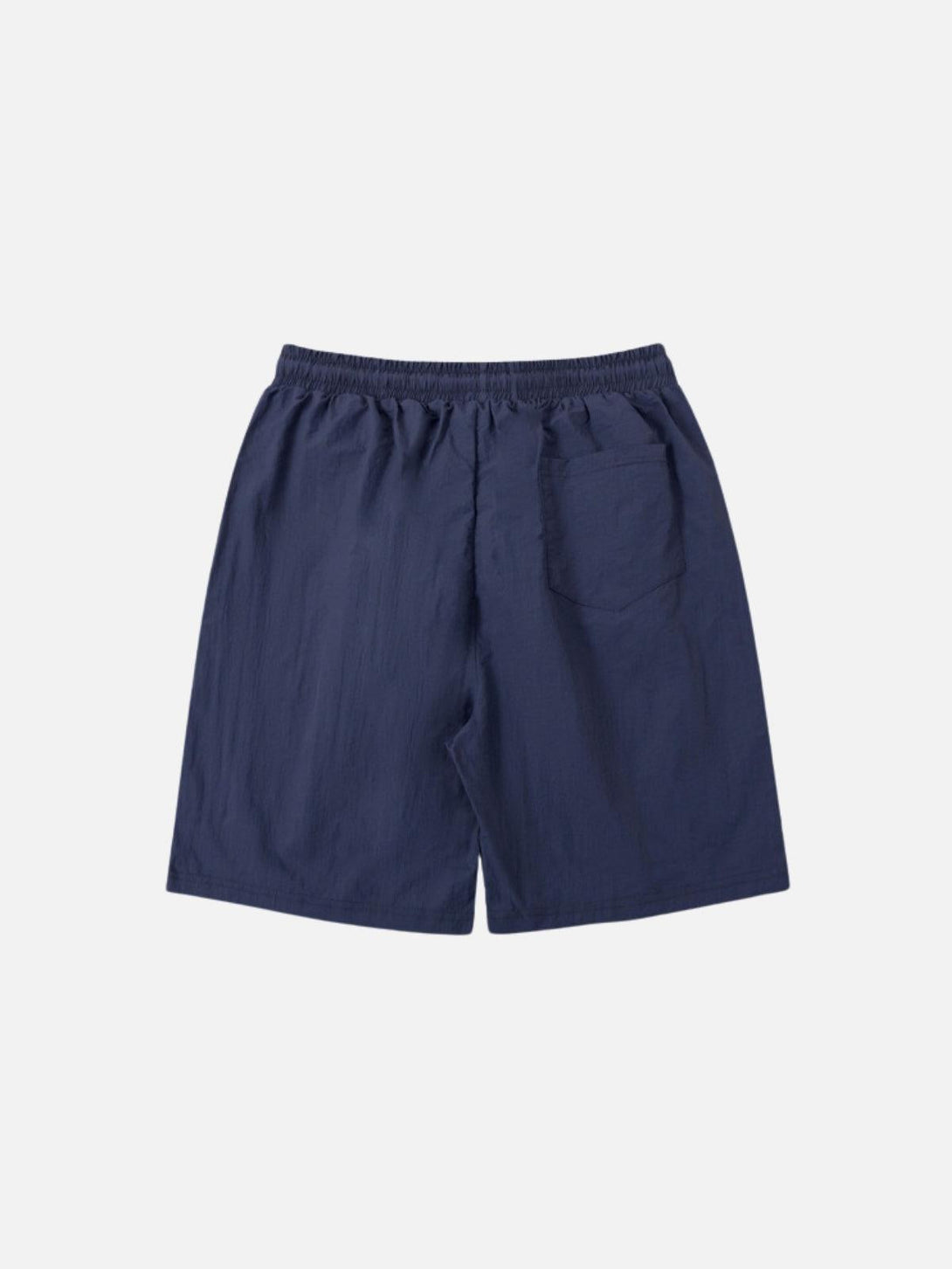 Rear view of navy blue shorts by TALISHKO, featuring an elastic waistband and back pocket.