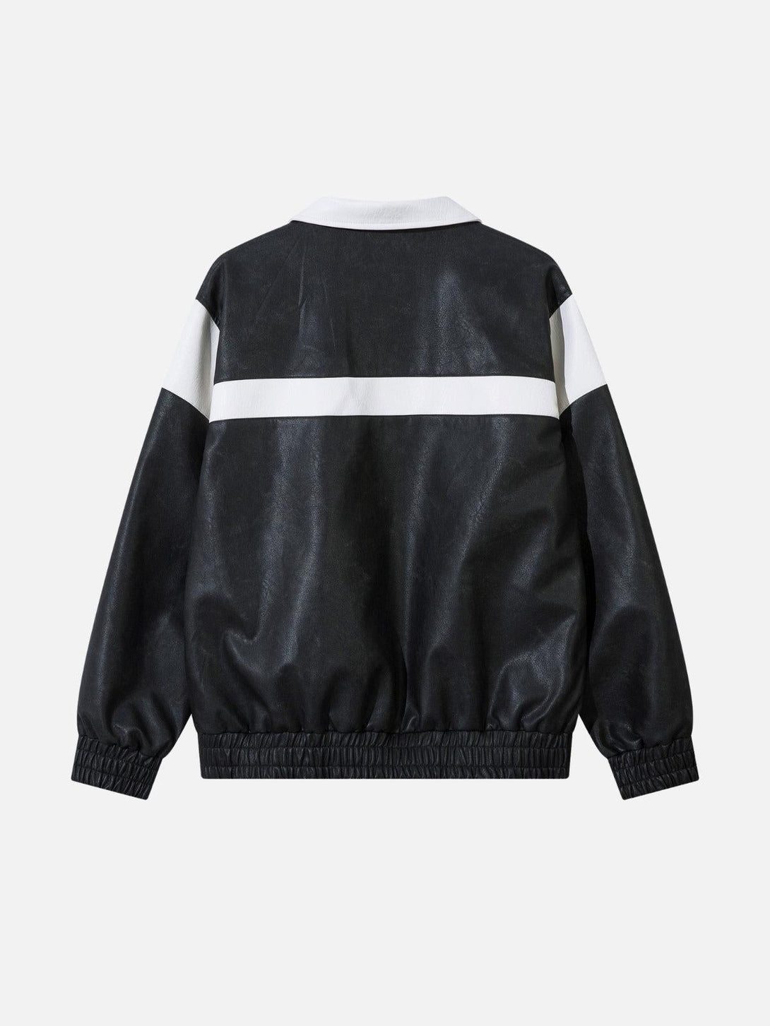 Back view of TALISHKO's black and white color-blocked faux leather jacket with stripe detail.