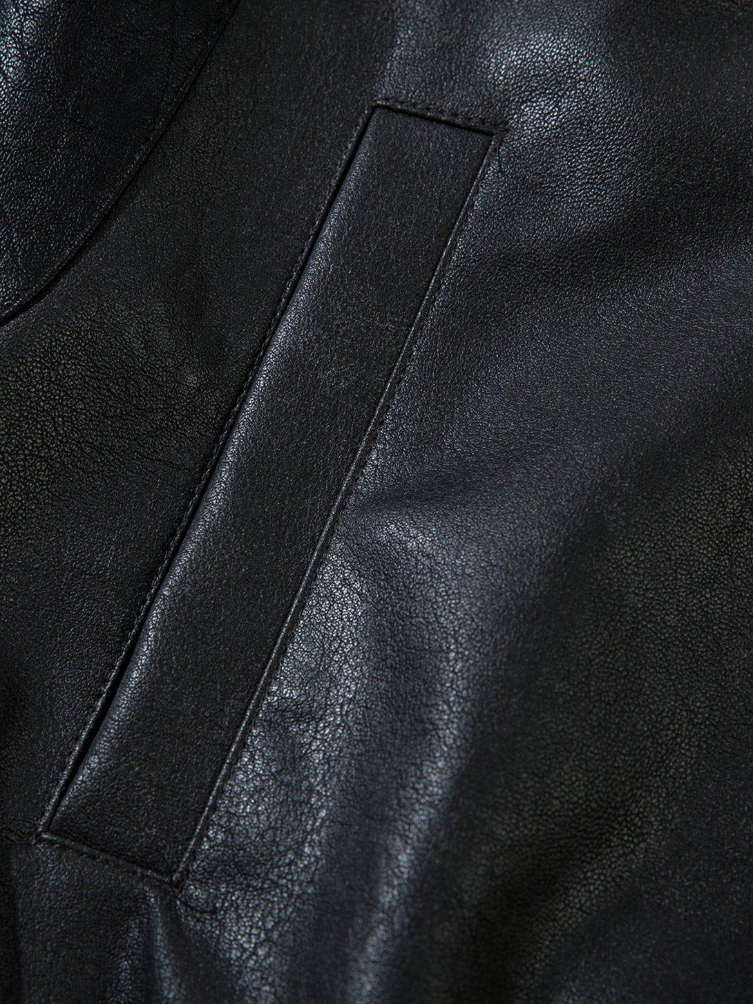 A detailed view of TALISHKO's faux leather jacket texture and craftsmanship.