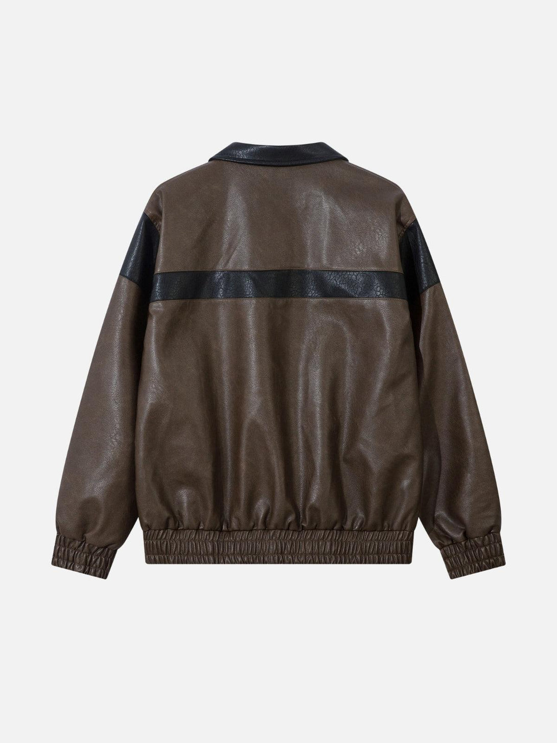 Back view of a TALISHKO color-blocking faux leather jacket with stylish black accents.