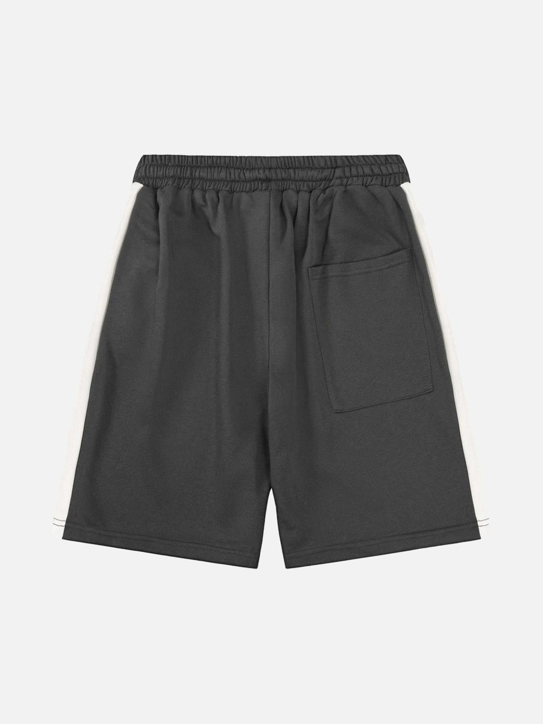 Back view of gray TALISHKO shorts with a pocket and white side stripes, capturing a relaxed style.