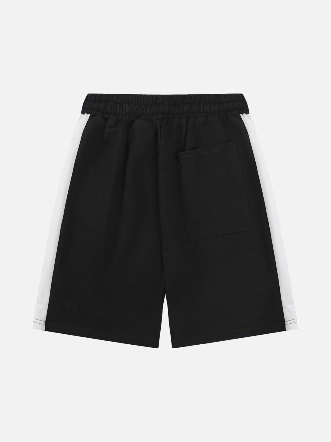Back view of black shorts with white side stripes by TALISHKO, featuring a casual design.
