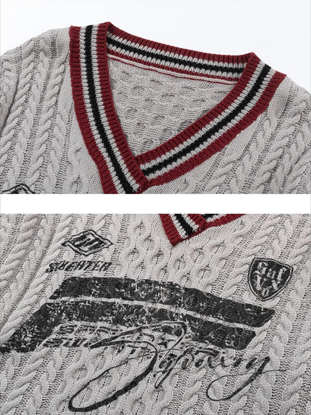 TALISHKO cable knit sweater featuring colorblock V-neck and bold lettering, detailed texture view.