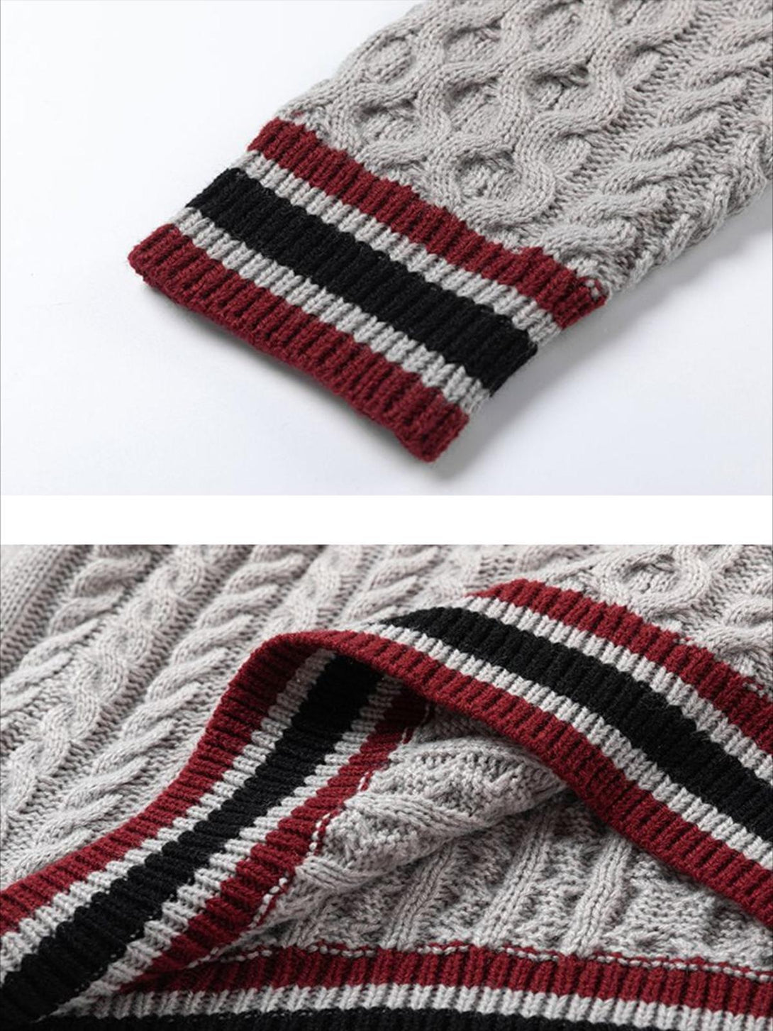Intricate look at TALISHKO sweater's cable knit texture and colorblock trim detail.