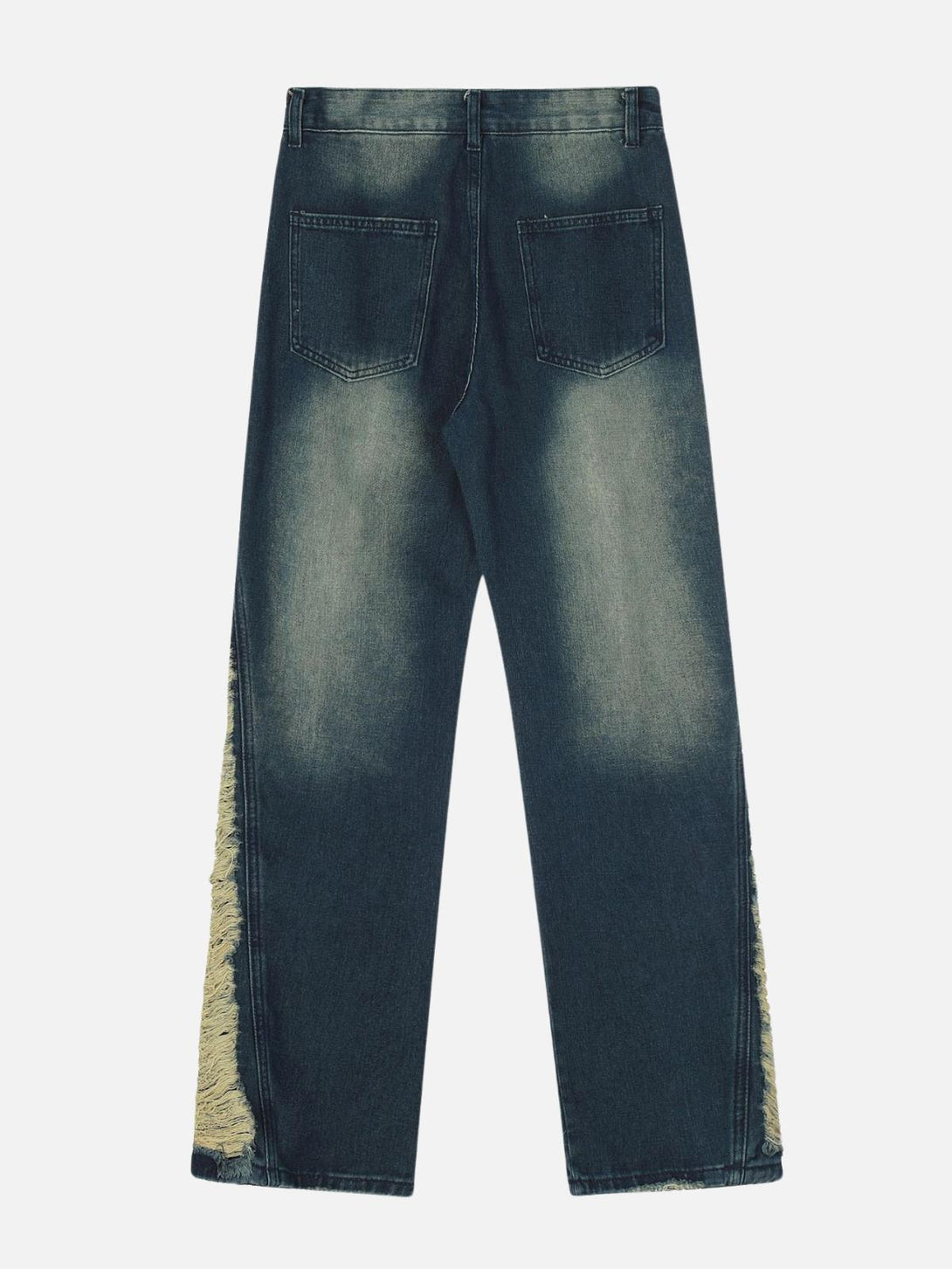 Back view of TALISHKO jeans featuring unique side embroidery and a stylish colorblock design.