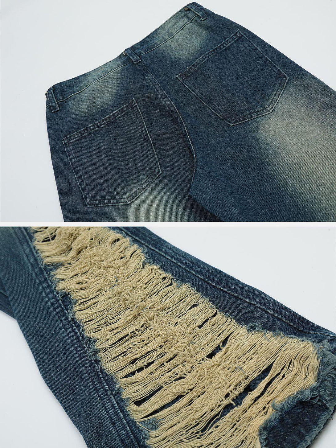 Detailed fabric and stitching at the back of TALISHKO jeans, highlighting unique fray accents.