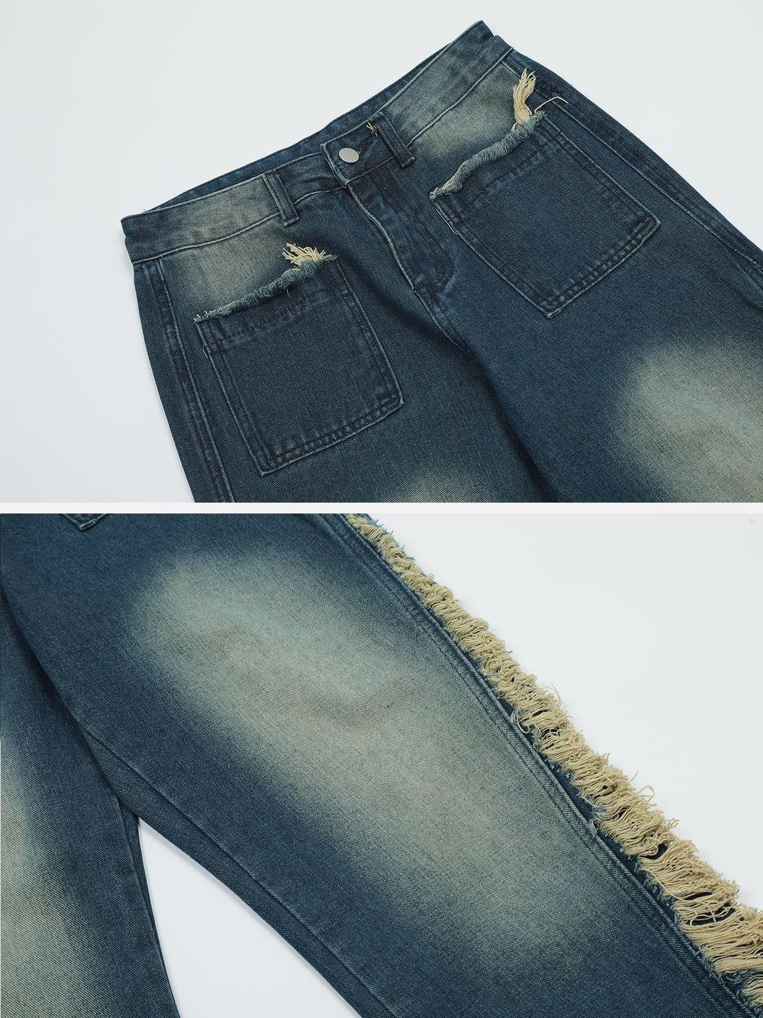 Focusing on the rugged side fray details of TALISHKO jeans, highlighting a unique design element.
