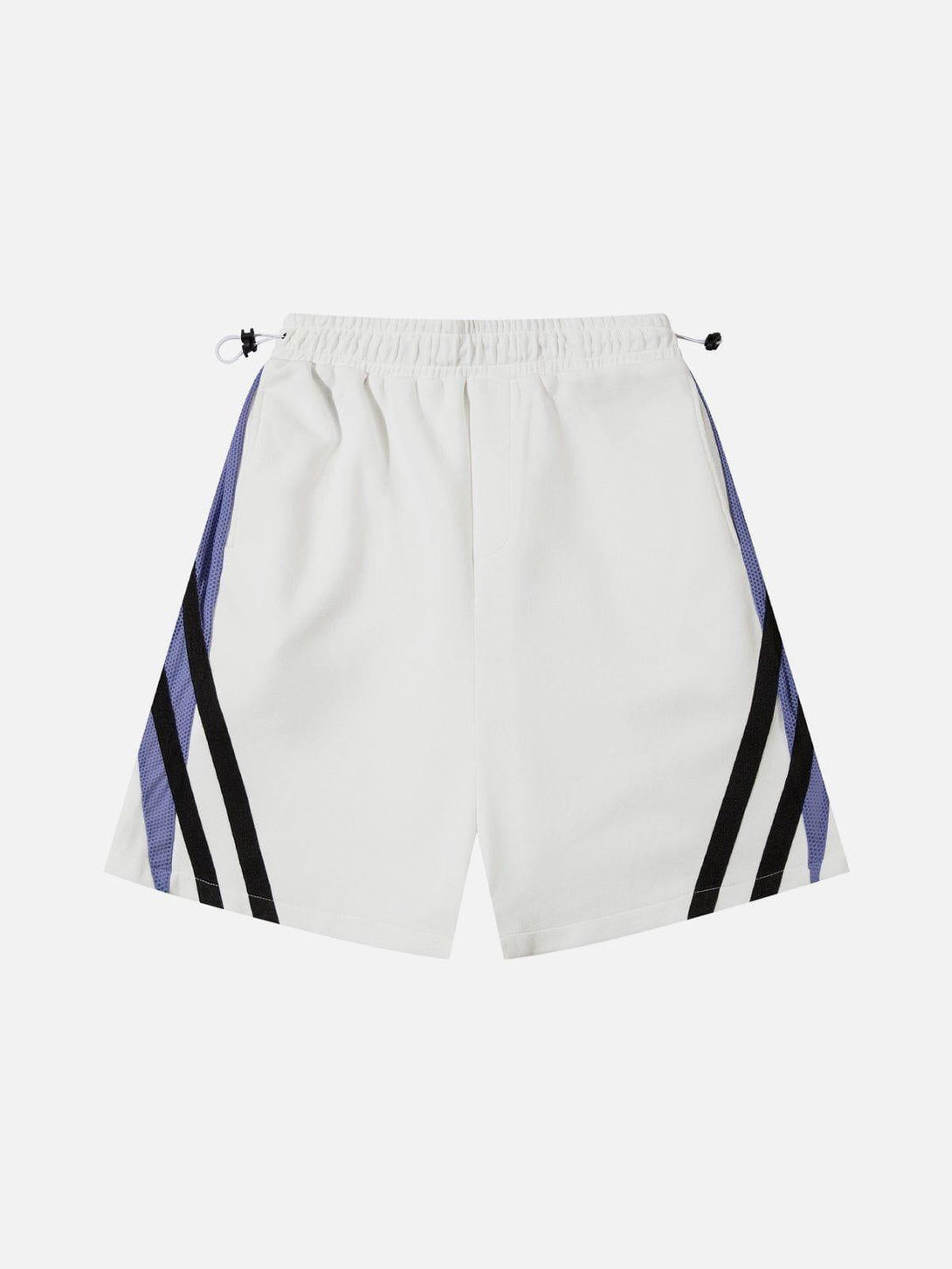 Back view of TALISHKO colorblock striped shorts in white with purple and black accents.