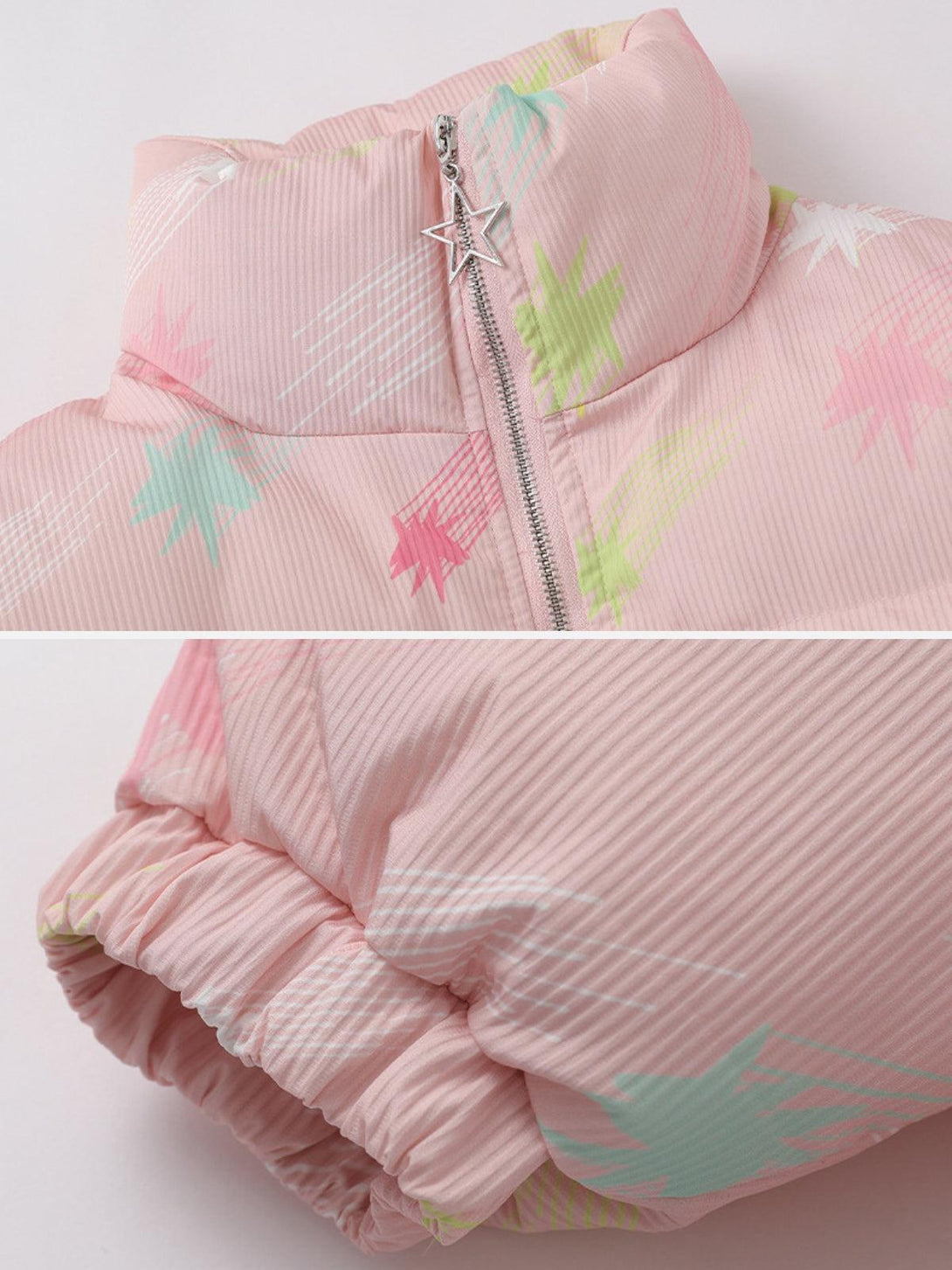 A close-up of the TALISHKO Colorburst cotton coat, highlighting its playful star pattern and zipper detail.