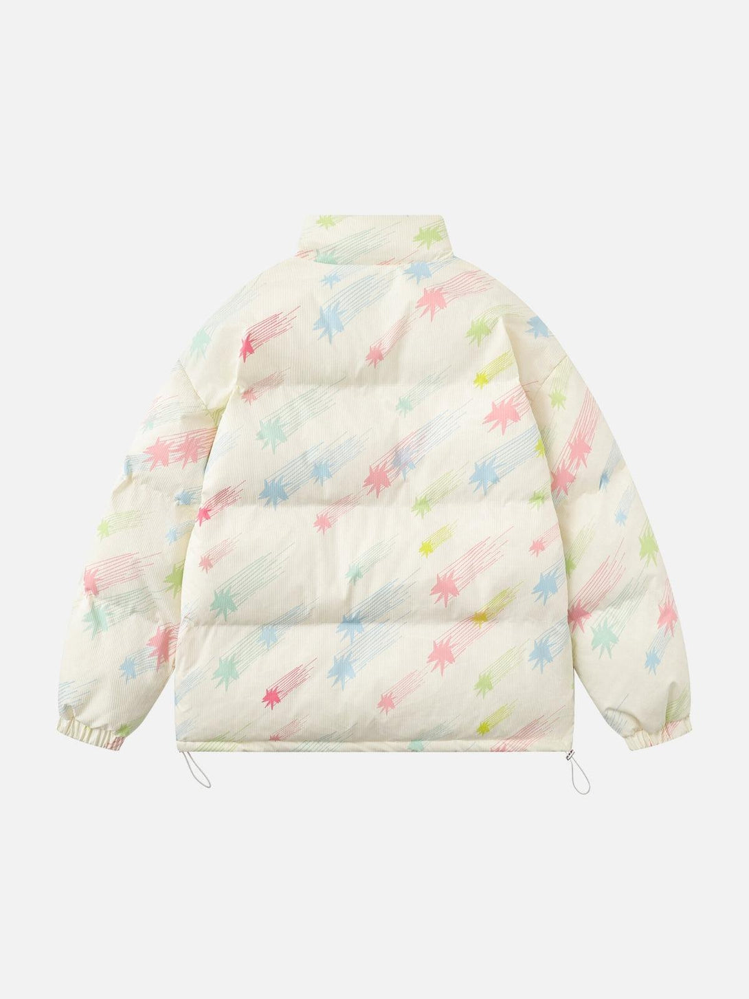Back view of a TALISHKO Colorburst cotton coat showcasing a playful, colorful pattern.