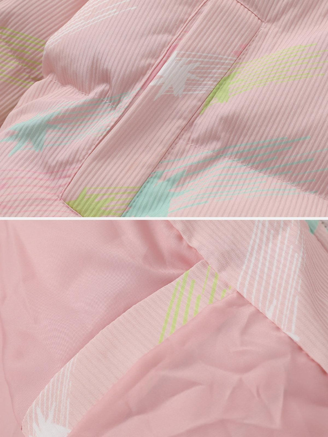 Intricate look at the TALISHKO Colorburst cotton coat, showcasing vibrant patterns and textures.