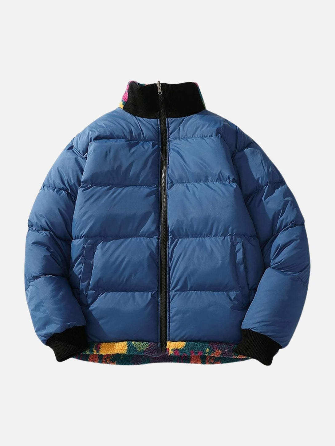 TALISHKO's vibrant reversible jacket, front view, blends bold colors with cozy style.