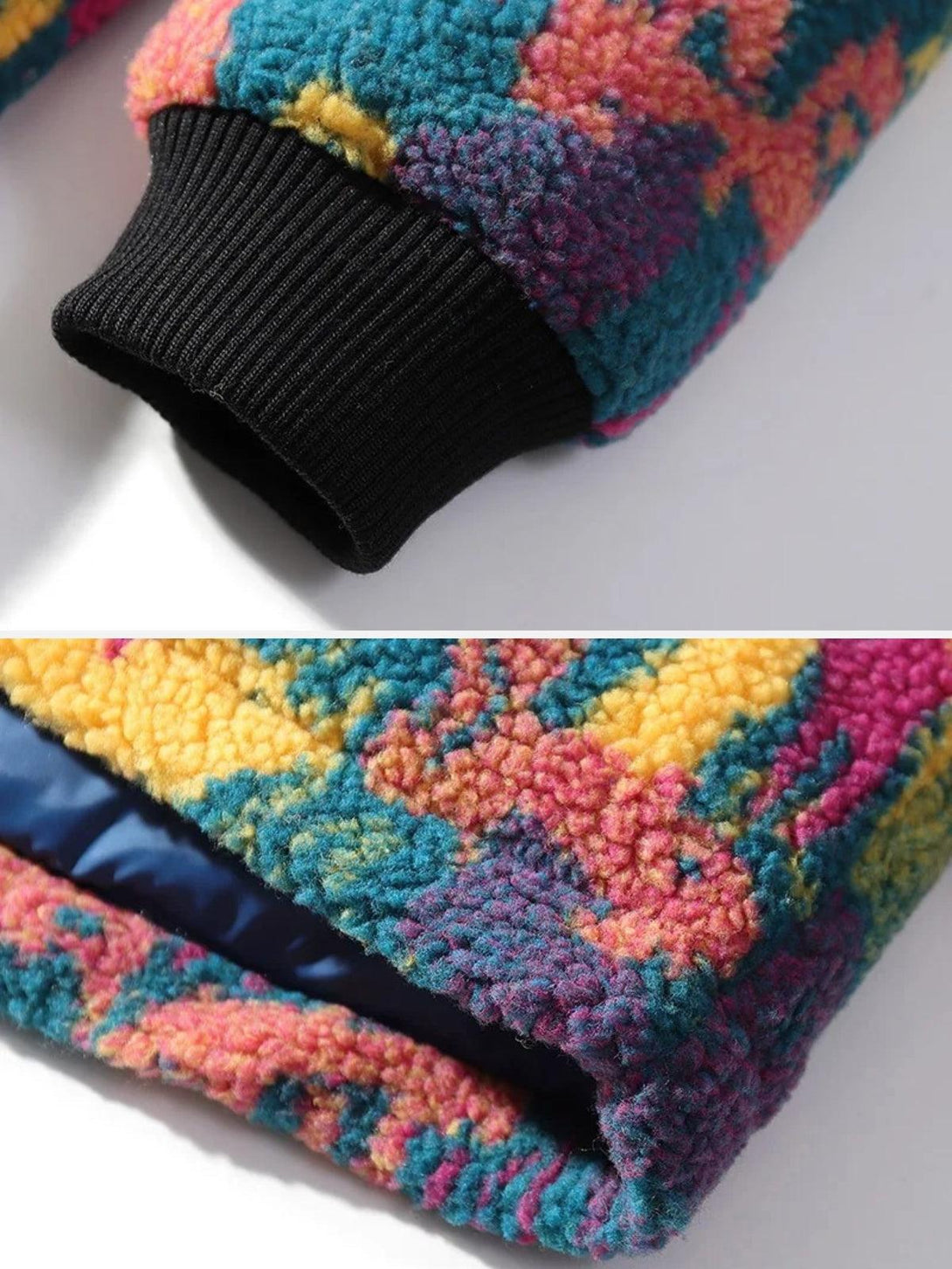 A tight crop highlights the vibrant texture and colors of TALISHKO's reversible jacket.