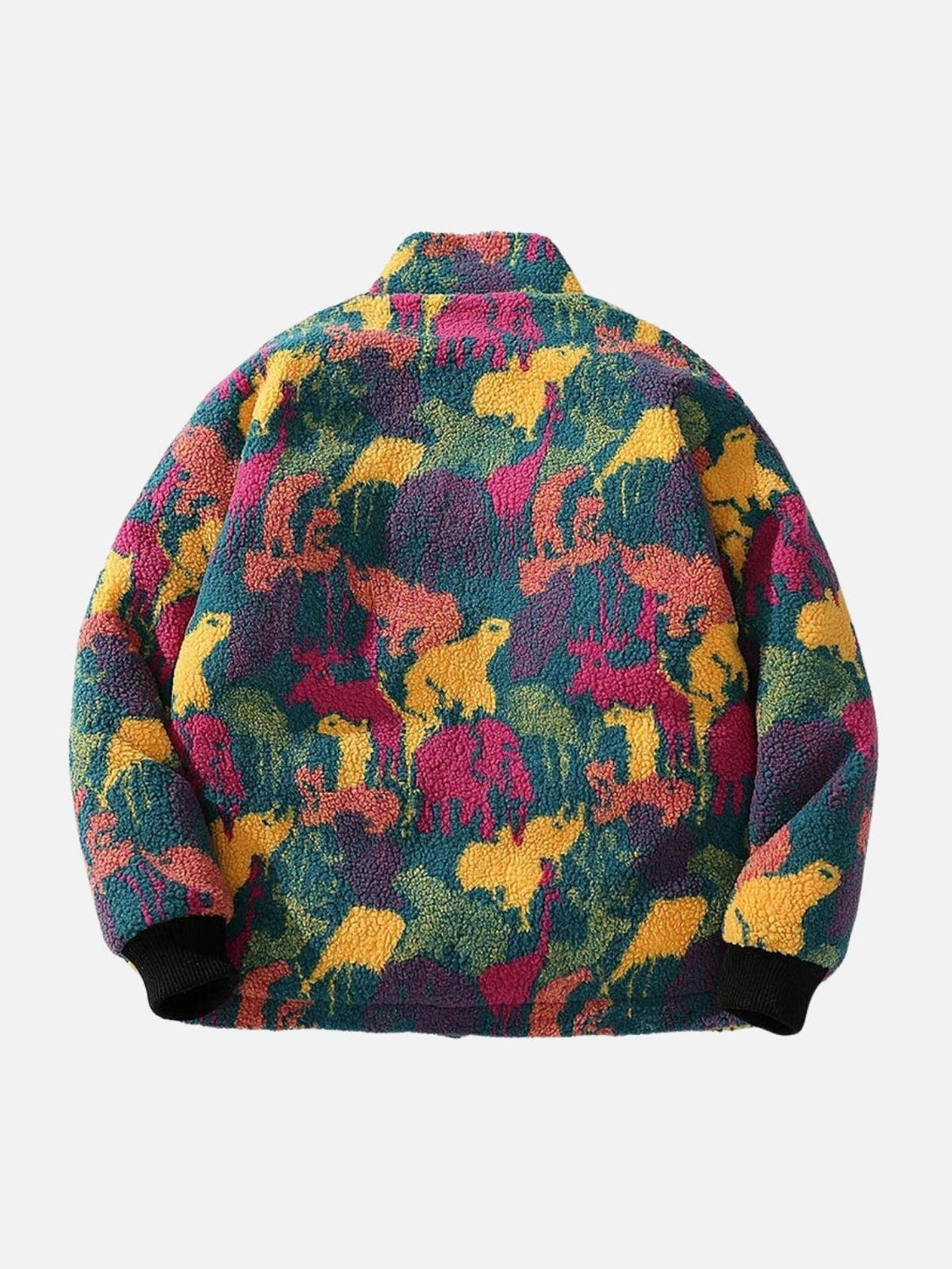 Back view of TALISHKO's colorful animal print jacket, highlighting its vibrant and playful design.