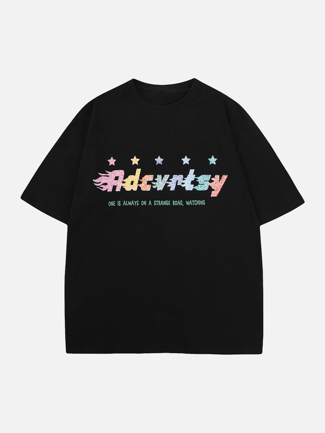 Black T-shirt featuring a colorful star print and lettering by TALISHKO, ideal for a vibrant look.