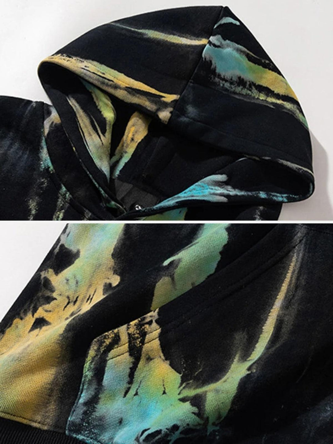 A close-up of the TALISHKO hoodie highlights its vibrant graffiti-inspired pattern and colors.