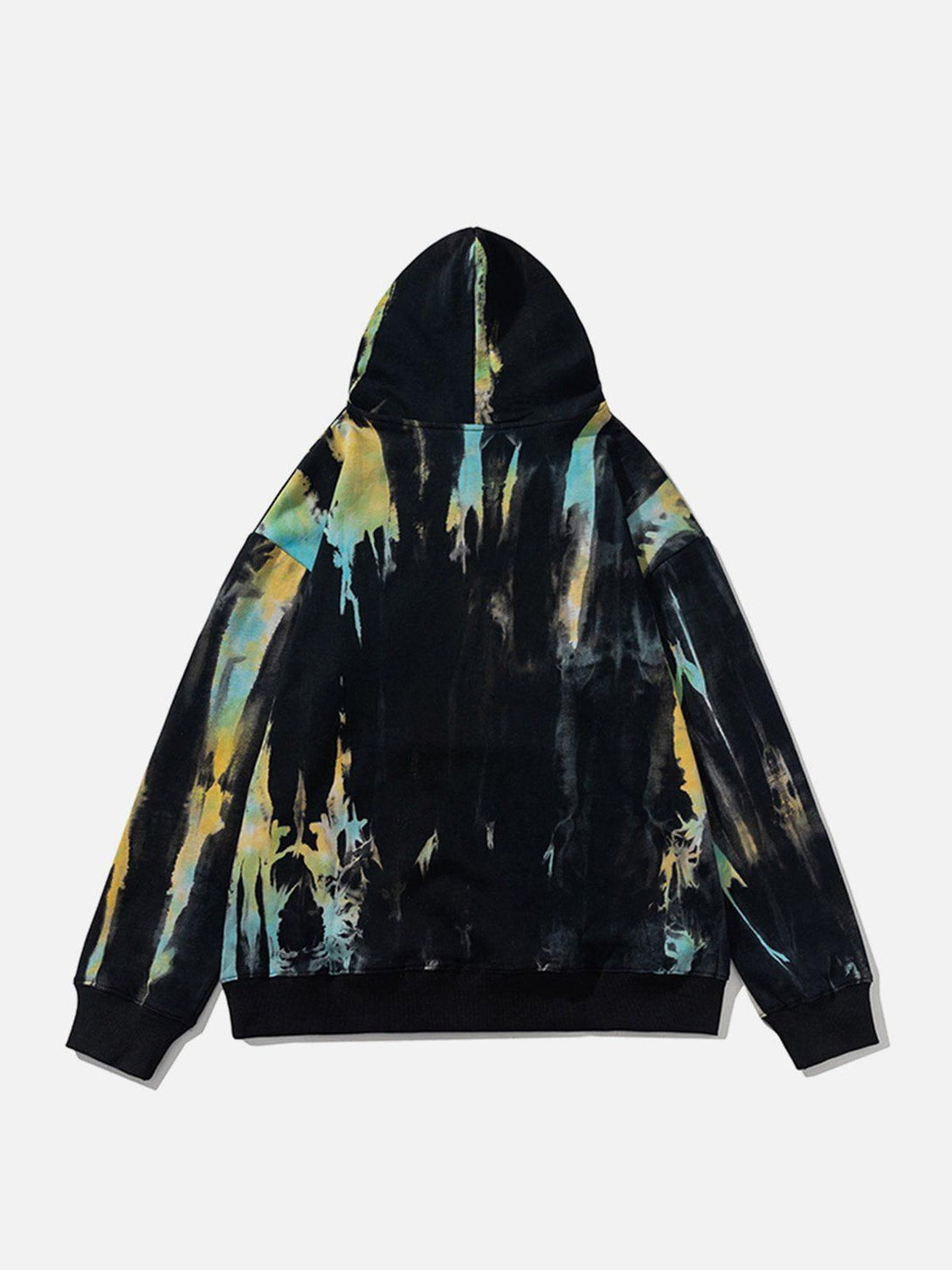Back view of a vibrant graffiti hoodie by TALISHKO, featuring artistic splashes and bold colors.