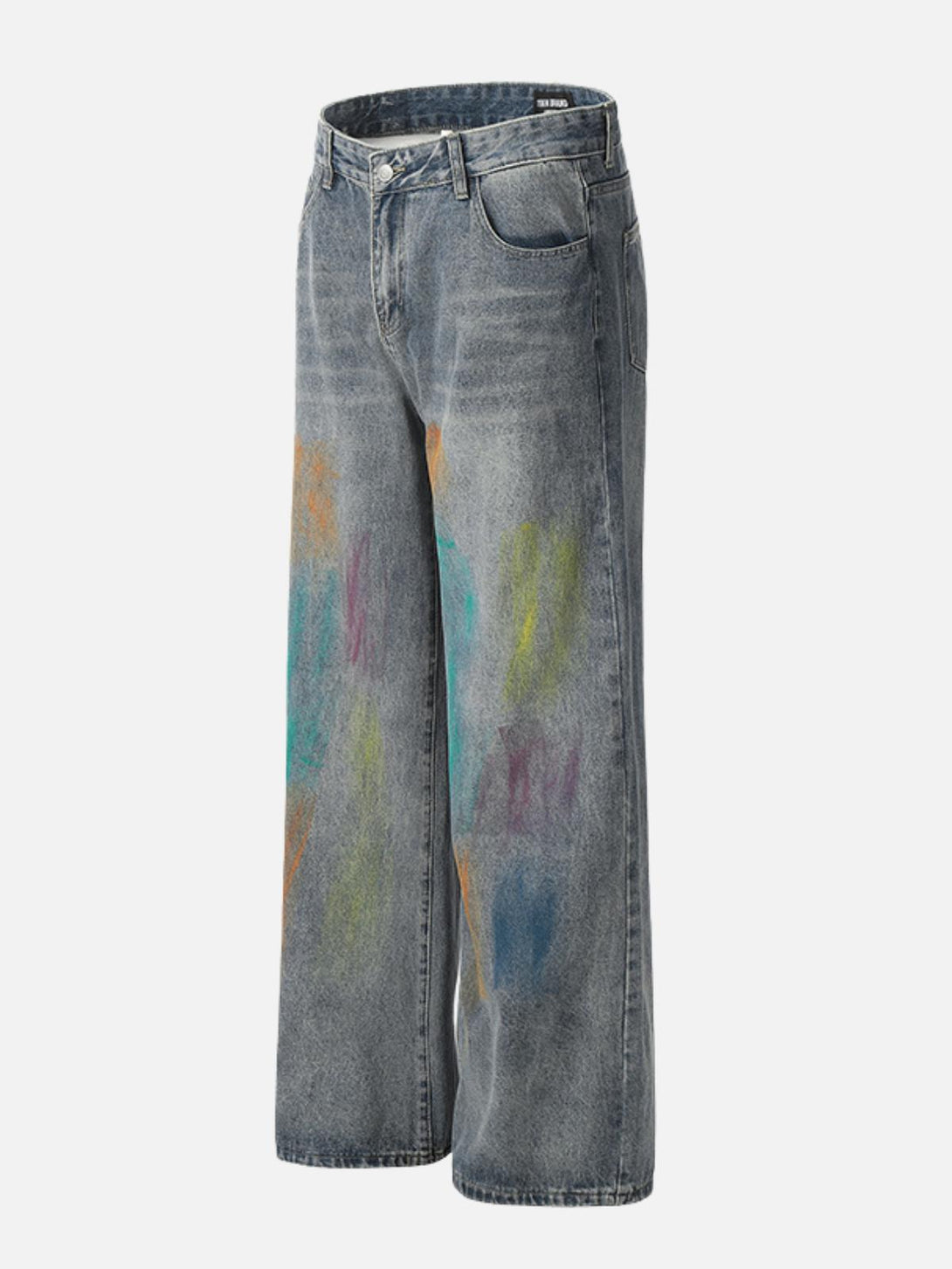TALISHKO graffiti jeans with colorful splashes, side view highlighting artistic flair.