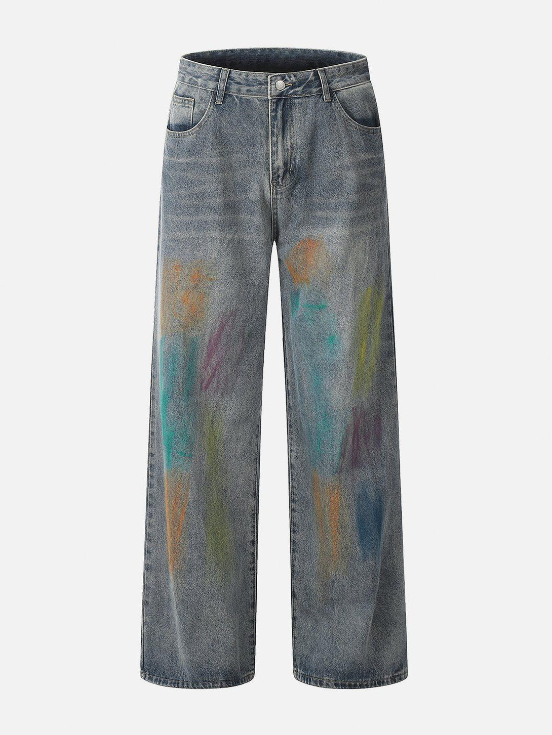 Front view of TALISHKO's colorful graffiti jeans, featuring vibrant artistic splashes.
