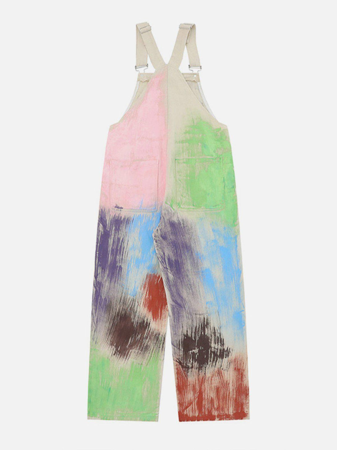 Colorful graffiti overalls by TALISHKO, showcasing bold, artistic brushstroke patterns.