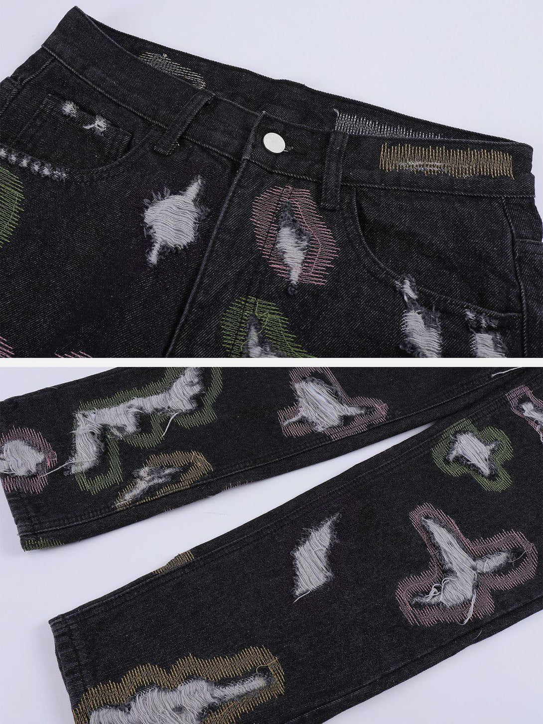 Intricate look at TALISHKO jeans with colorful abstract patterns and distressed texture.