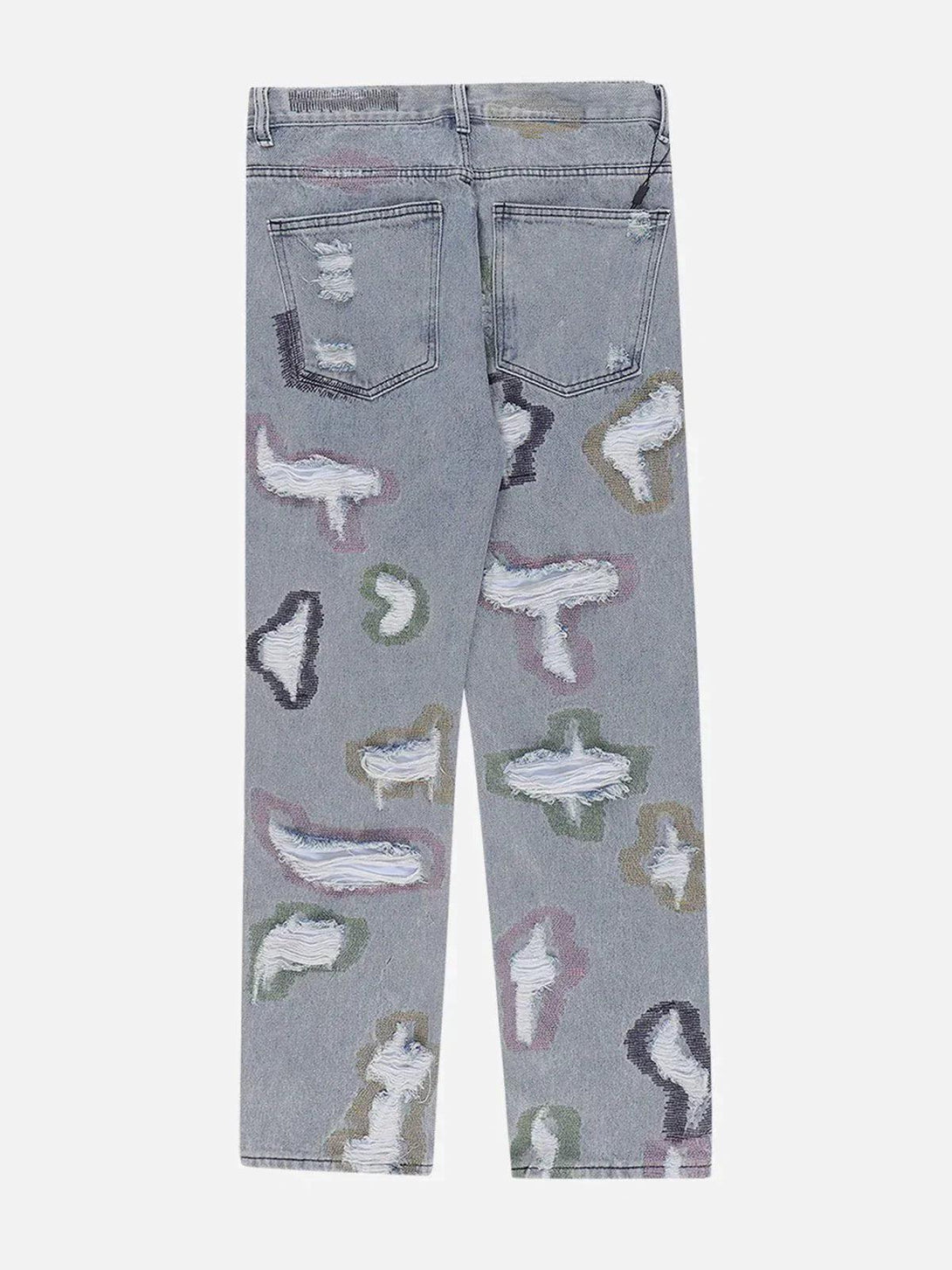 Back view of TALISHKO colorful jeans featuring abstract patterns and distressed accents.