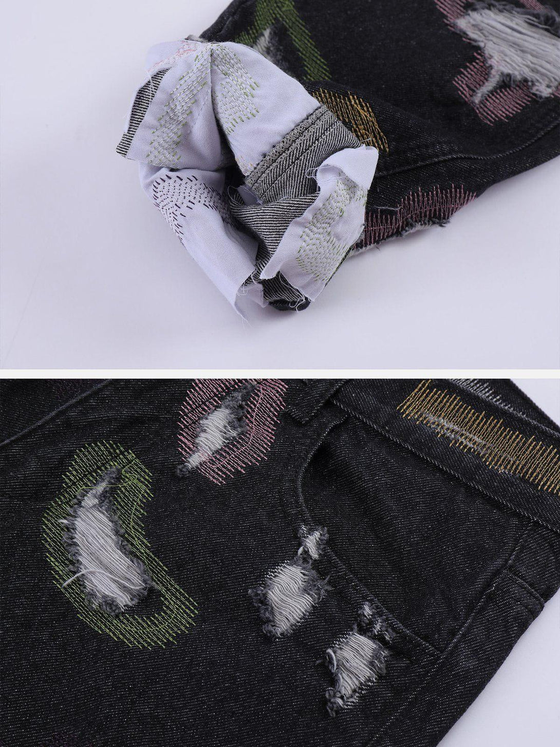 Detailed fabric and stitching on TALISHKO jeans, showcasing colorful abstract patterns and distressing.