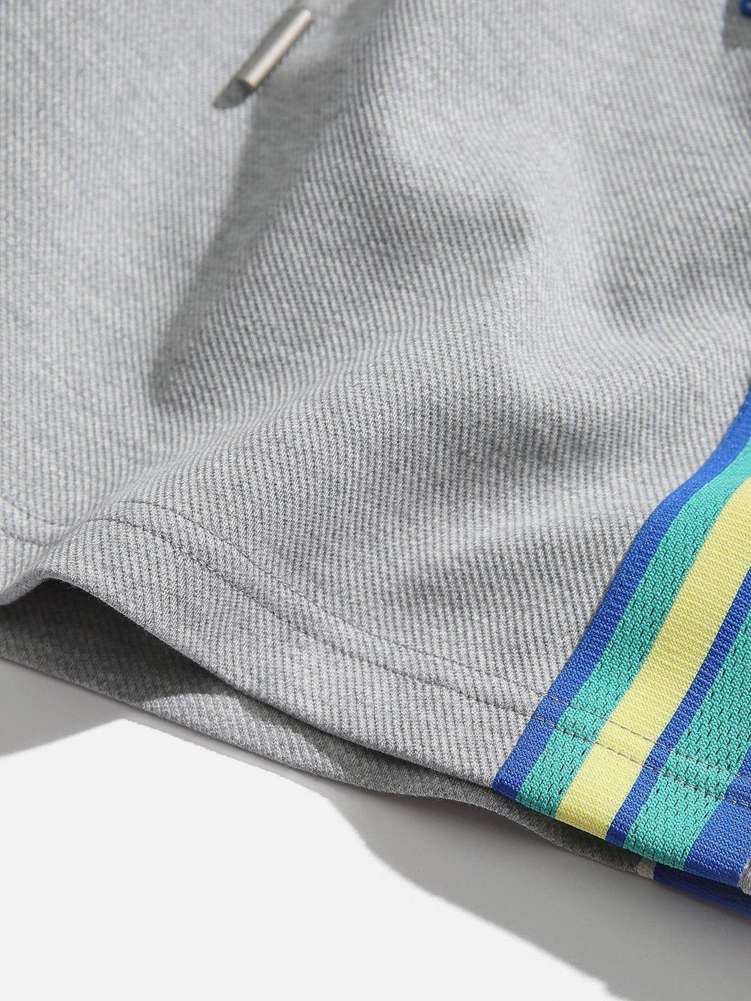 Detailed fabric and stitching of TALISHKO shorts, highlighting colorful stripes on gray material.