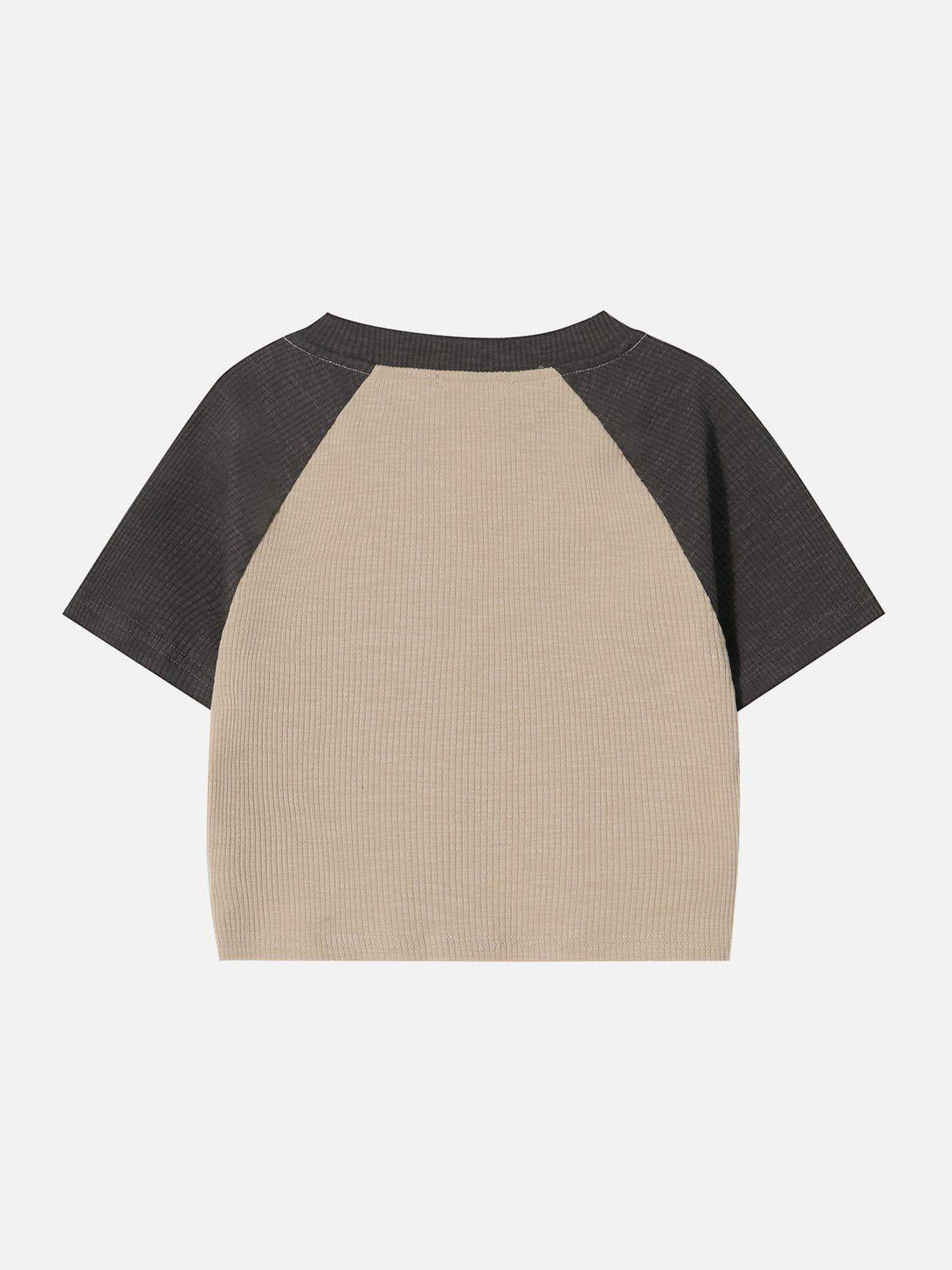 Back view of TALISHKO's cropped tee in beige and brown, showcasing contrast sleeves.