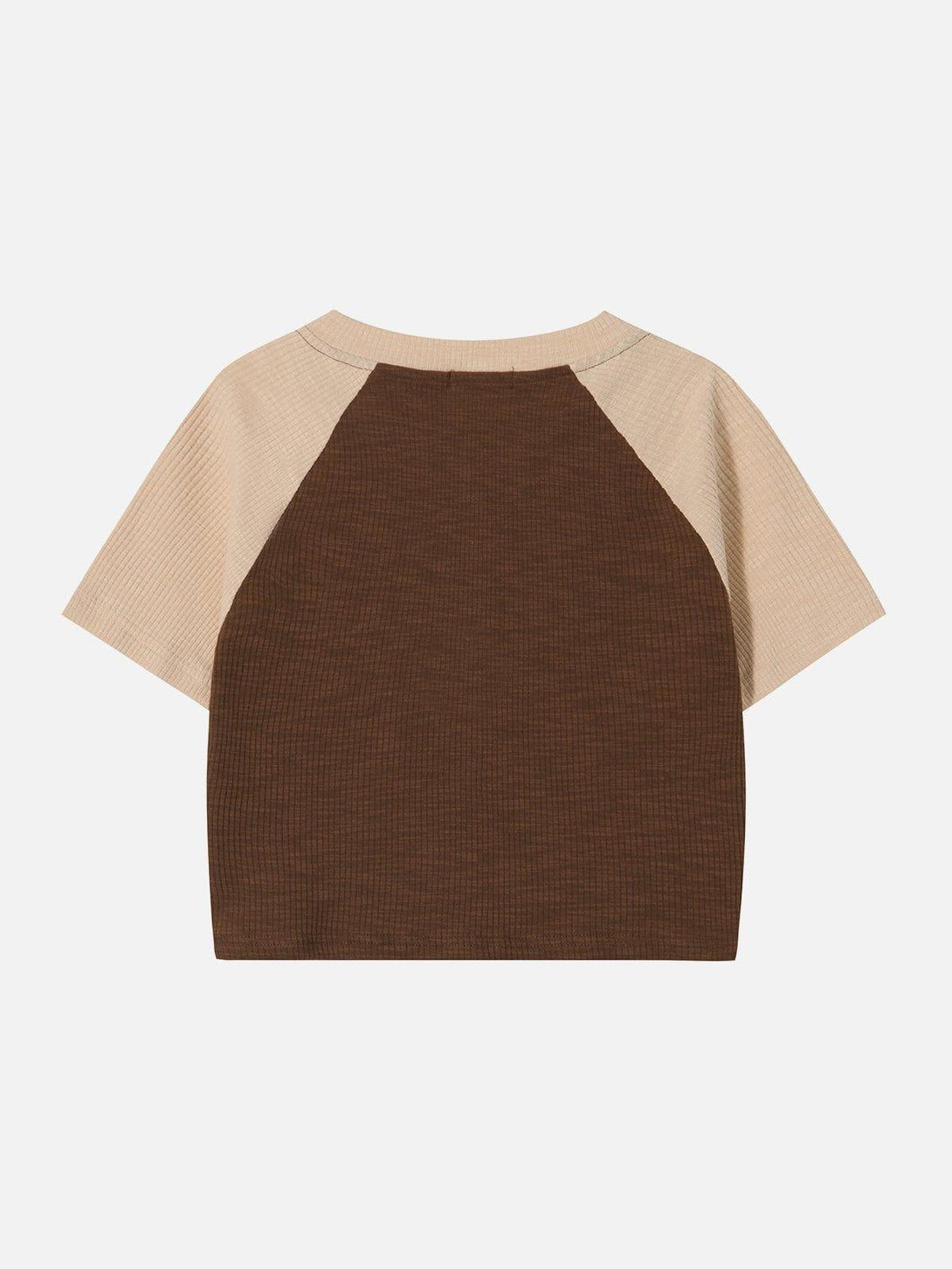 Back view of a TALISHKO contrast cropped tee featuring beige sleeves and a brown body.