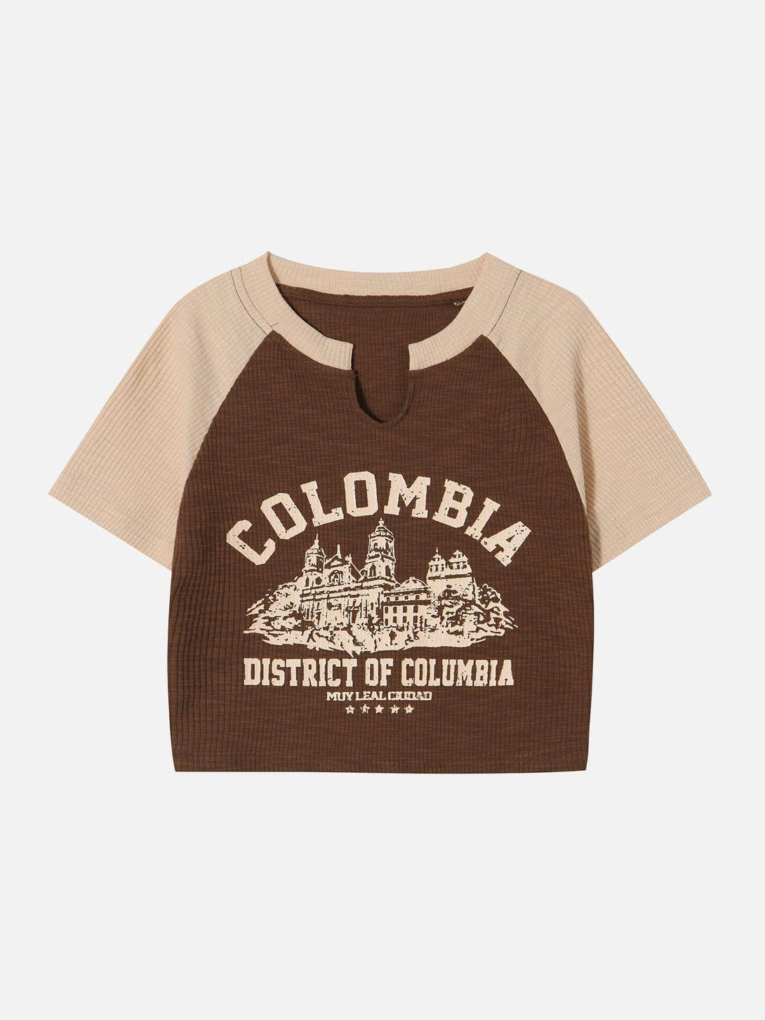 TALISHKO contrast castle print cropped tee with beige sleeves, showcasing a unique design.