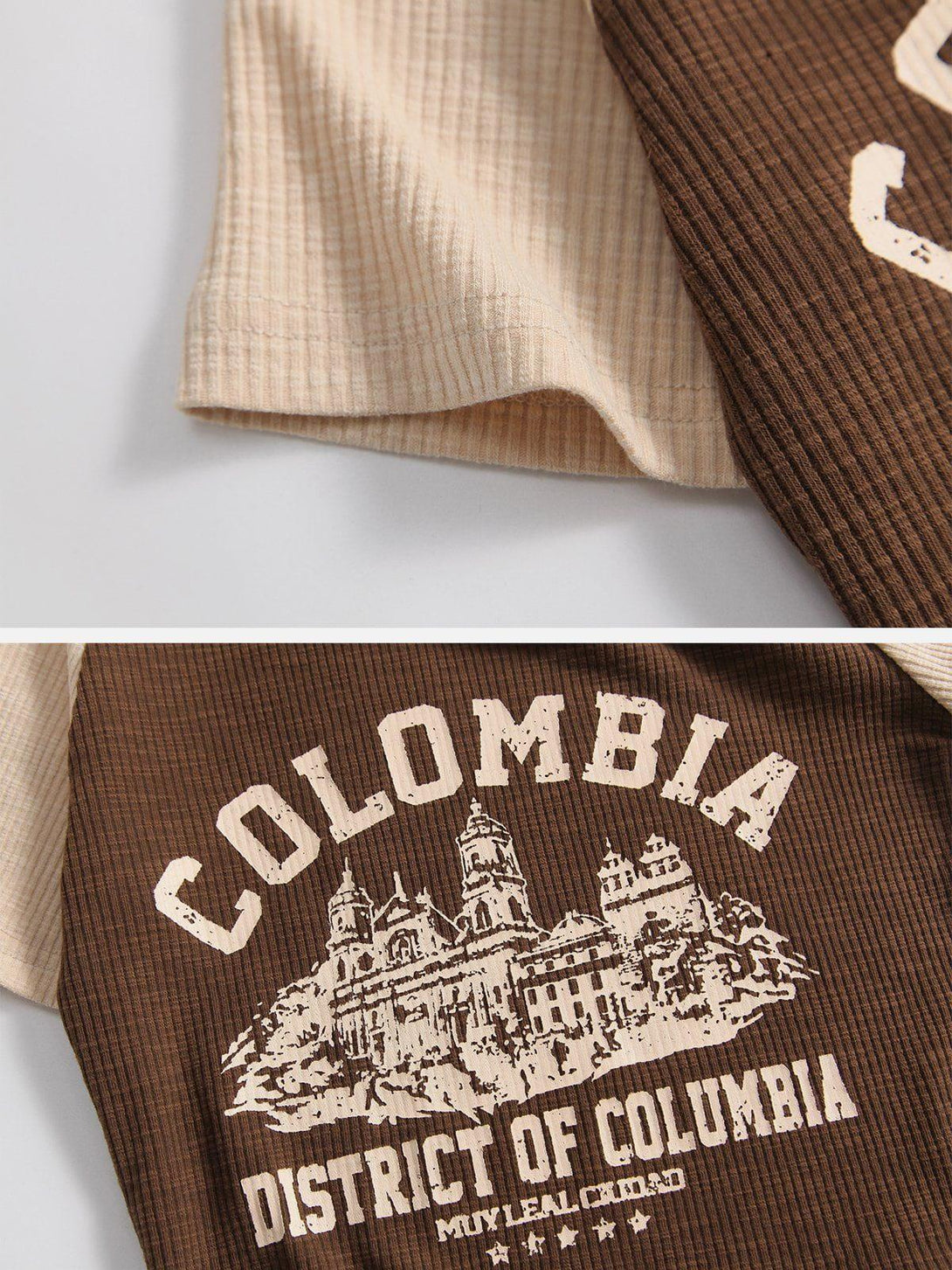 Detailed fabric and stitching of TALISHKO's contrast cropped tee featuring a castle print.