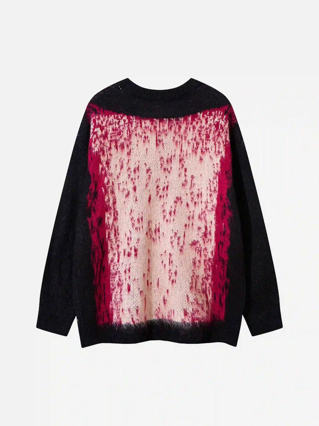 Back view of a TALISHKO sweater with a striking red and black abstract pattern.