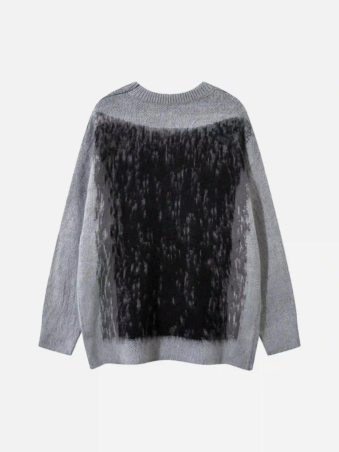 Back view of a TALISHKO sweater featuring a subtle black and gray abstract pattern.